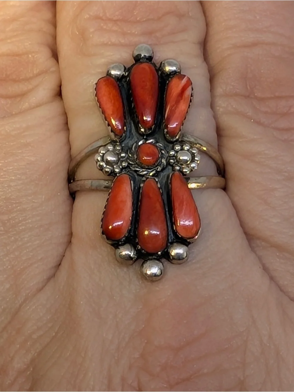 Navaho style Sterling Silver Red Coral Cluster Statement Ring size 8 3/4